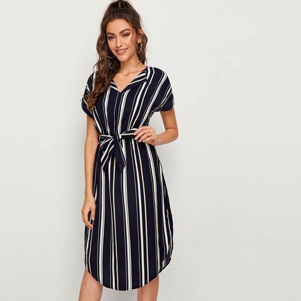 

Curved Hem Stripe Belted Dress, Navy
