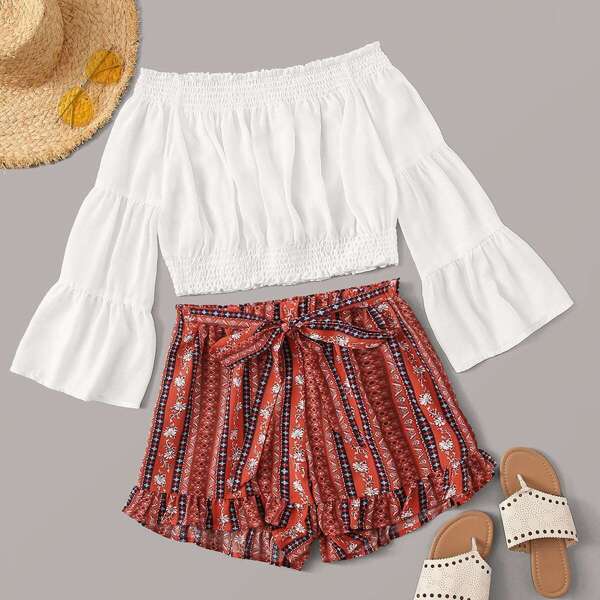 

Shirred Bardot Top & Tribal Print Belted Shorts, Multicolor