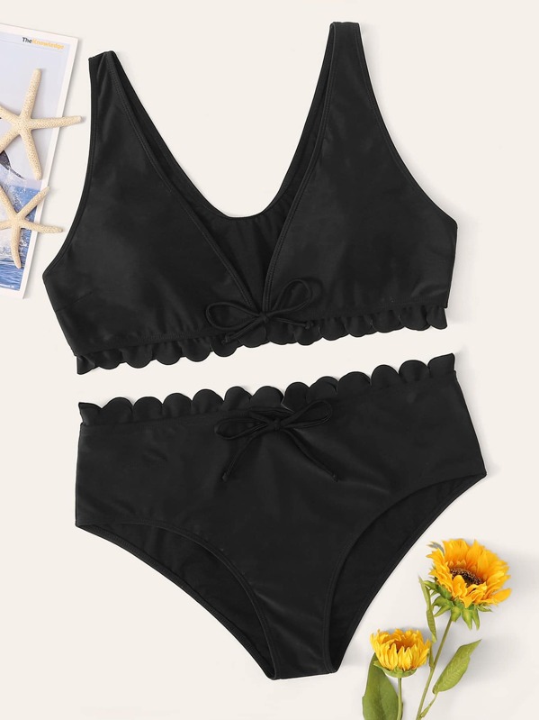 

Plus Tie Front Scallop Trim Bikini Set, Black