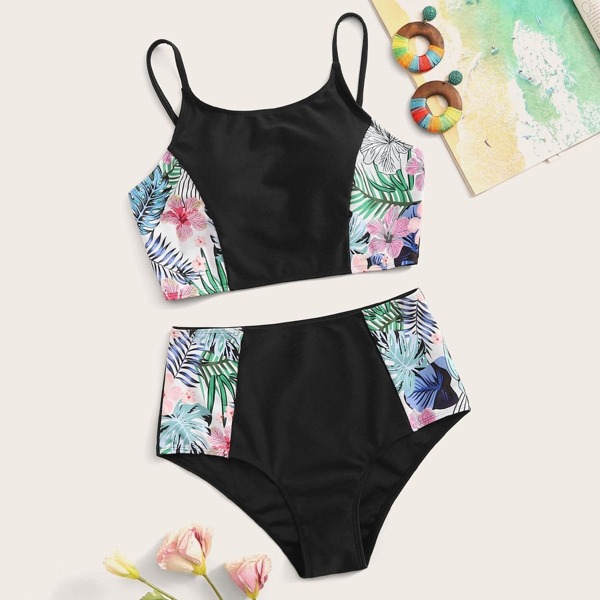

Contrast Tropical Top With High Waist Bikini Set
