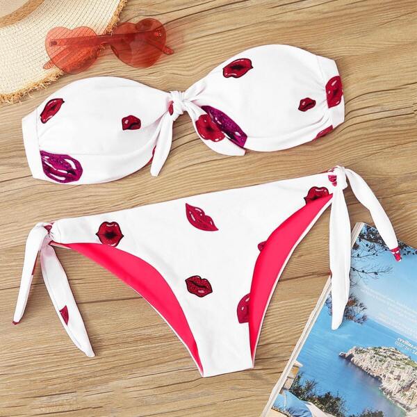 

Mouth Print Bandeau With Tie Side Bikini Set