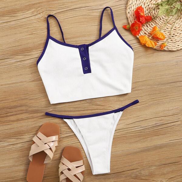 

Textured Contrast Binding Top With Thong Bikini Set