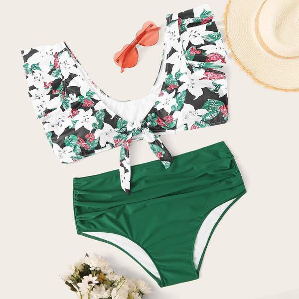 

Plus Floral Ruffle Trim Knot Front Bikini Set, Multicolor