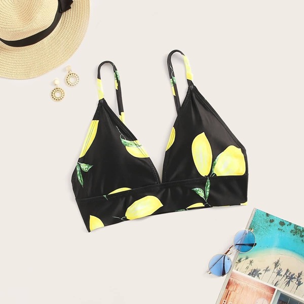 

Lemon Print Bikini Top, Black