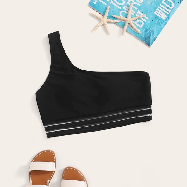 

Contrast Mesh One Shoulder Bikini Top, Black