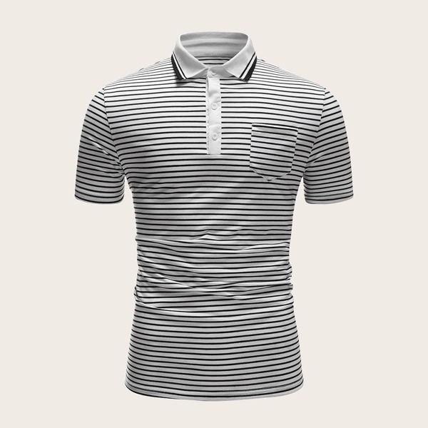 

Men Striped Print Polo Shirt, Black and white
