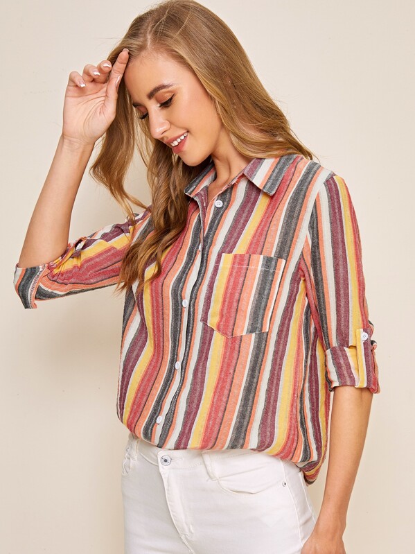 

Colorful Striped Print Roll Up Sleeve Blouse, Multicolor, Na na