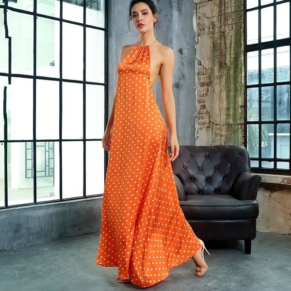 

LOVE&LEMONADE Polka-dot Backless Maxi Satin Halter Dress, Orange bright