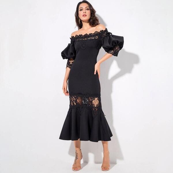 

LOVE&LEMONADE Lace Insert Bishop Sleeve Bardot Mermaid Dress, Black