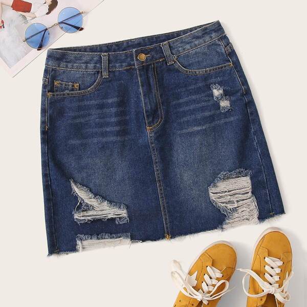 

Plus Raw Hem Ripped Detail Denim Skirt, Navy blue