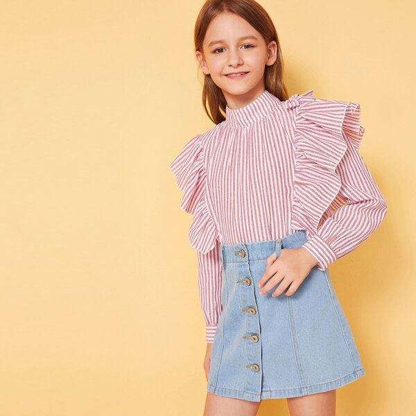 

Girls Exaggerate Ruffle Trim Striped Top