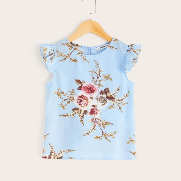 

Girls Floral Print Ruffle Armhole Keyhole Back Top