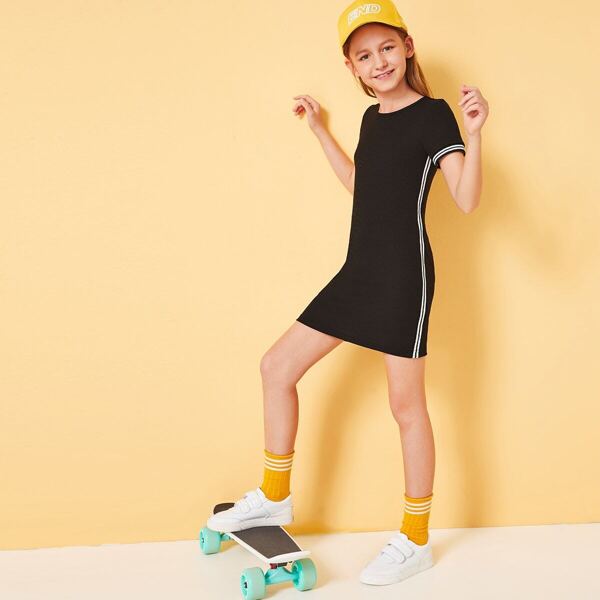 

Girls Contrast Striped Side Rib-knit Dress, Black