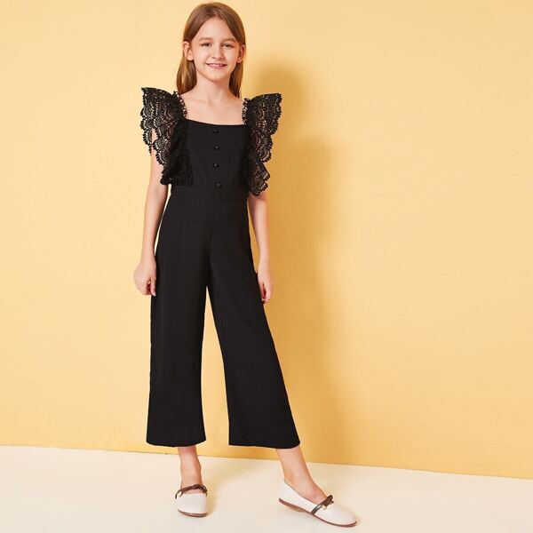 

Girls Guipure Lace Ruffle Armhole Button Detail Jumpsuit, Black