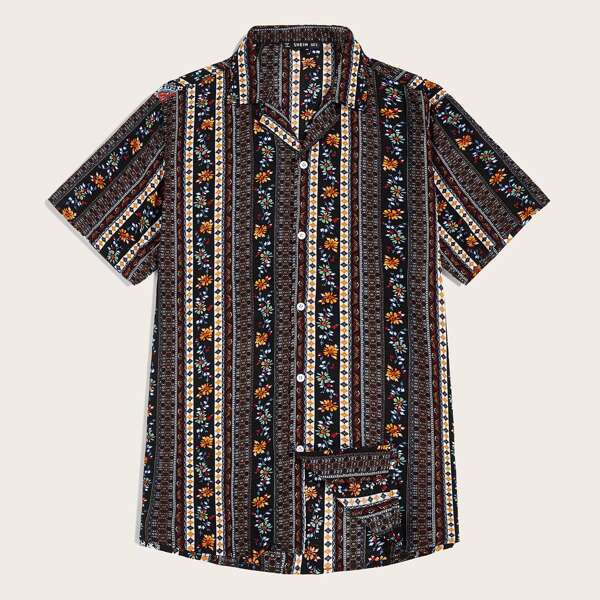 

Men Revere Collar Tribal Print Shirt, Multicolor