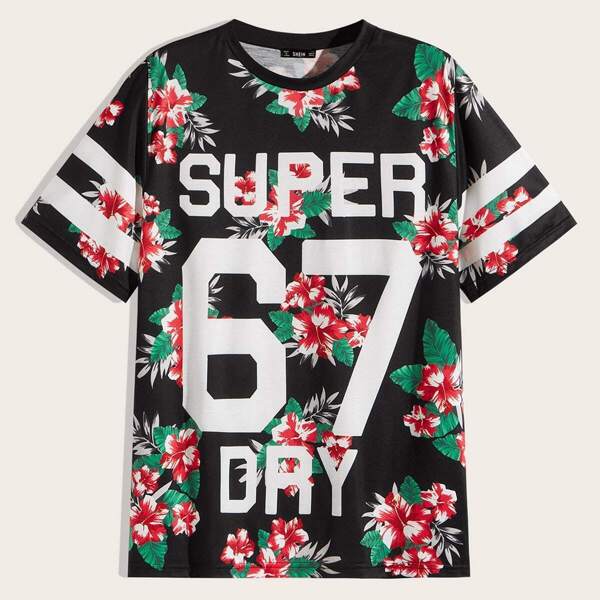 

Men Mixed Print Varsity Striped Sleeve Tee, Multicolor