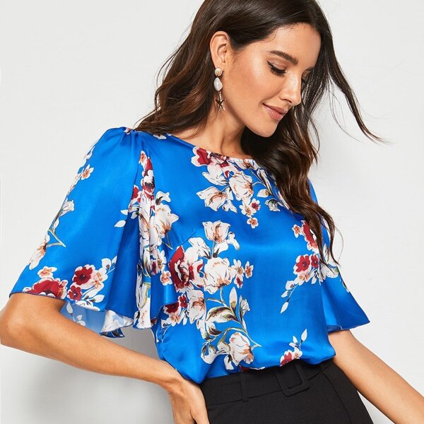 

Floral Print Flutter Sleeve Satin Top, Blue bright