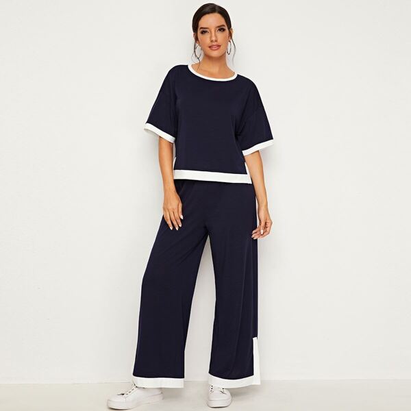 

Contrast Trim Top and Split Side Wide Leg Pants Set