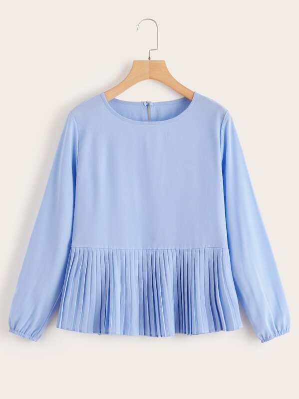 

Button Keyhole Pleated Hem Blouse, Blue
