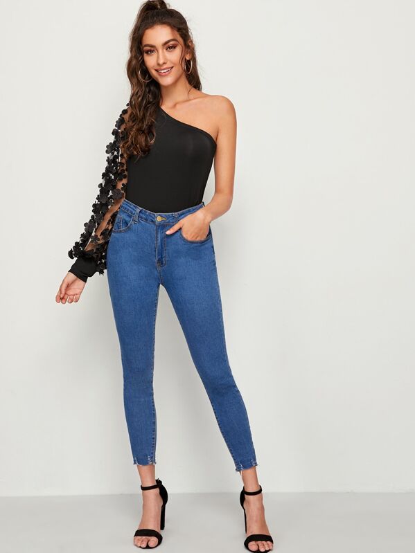 

One Shoulder Contrast Mesh Stereo Flowers Bodysuit, Black, Carol A