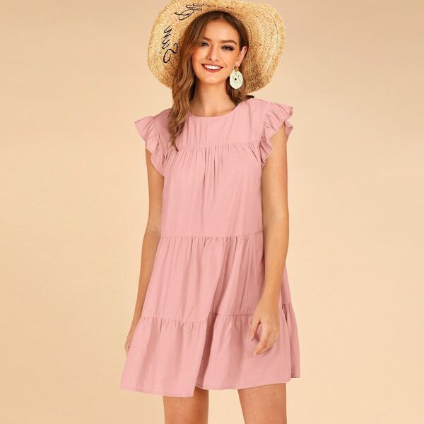 

Solid Ruffle Cuff Smock Dress, Pink