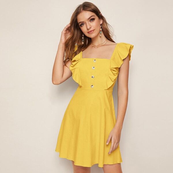 

Button Front Ruffle Trim Zip Back Dress, Yellow