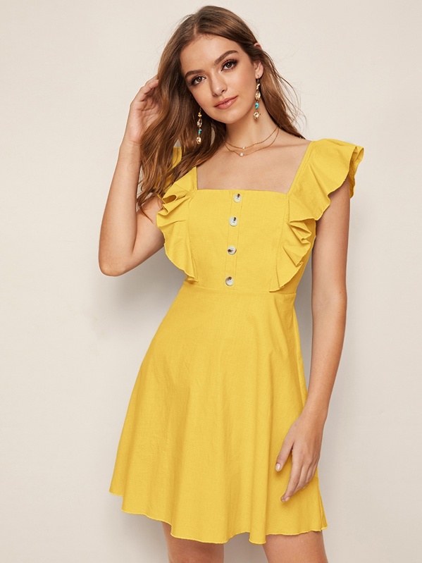 

Button Front Ruffle Trim Zip Back Dress, Yellow, Luiza