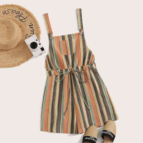 

Rainbow Striped Pocket Drawstring Waist Romper