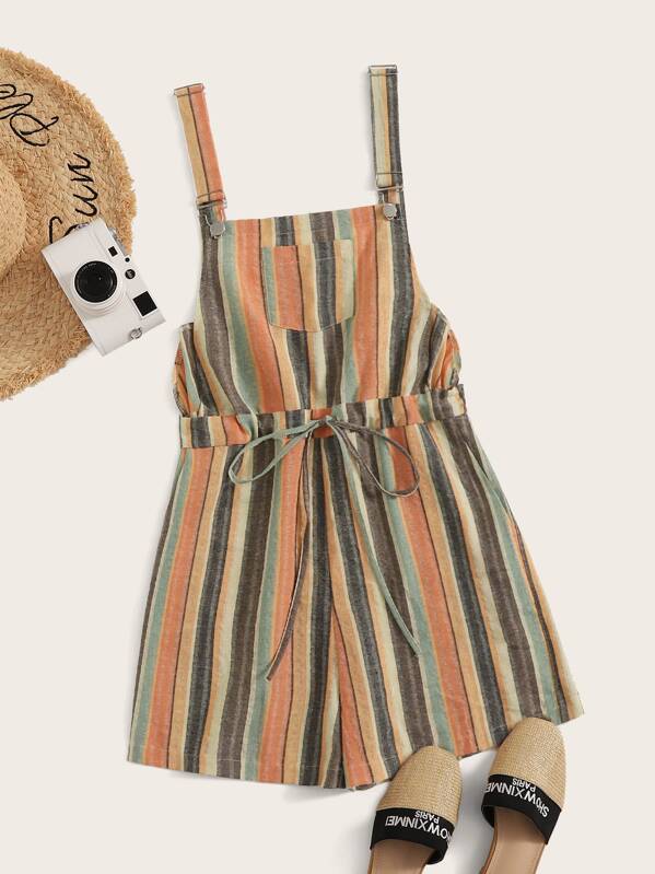 

Rainbow Striped Pocket Drawstring Waist Romper, Multicolor