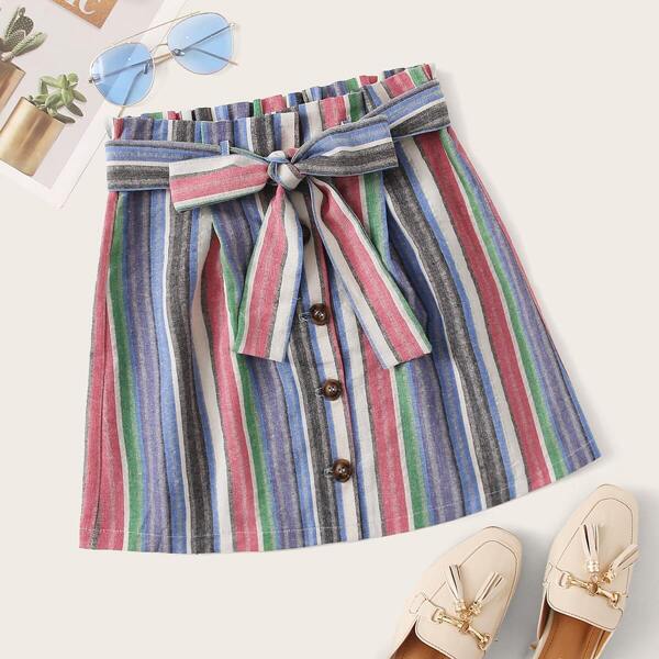

Rainbow Striped Button Front Self Tie Skirt, Multicolor