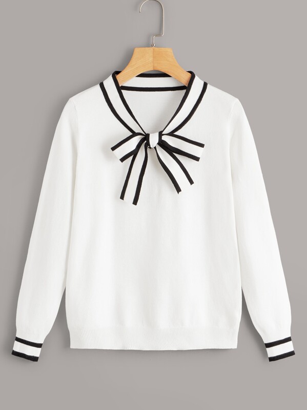 

Knot Front Striped Cuff Sweater, White