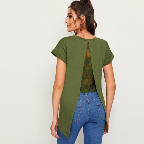

Contrast Lace Split Back Tee, Army green