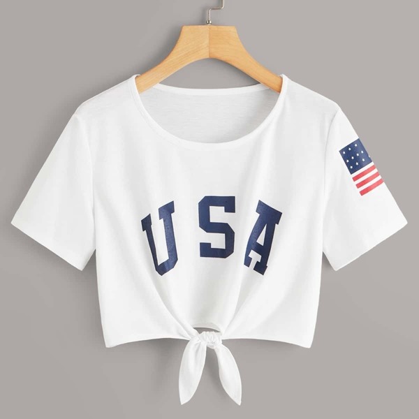 

Letter & American Flag Print Tie Front Tee
