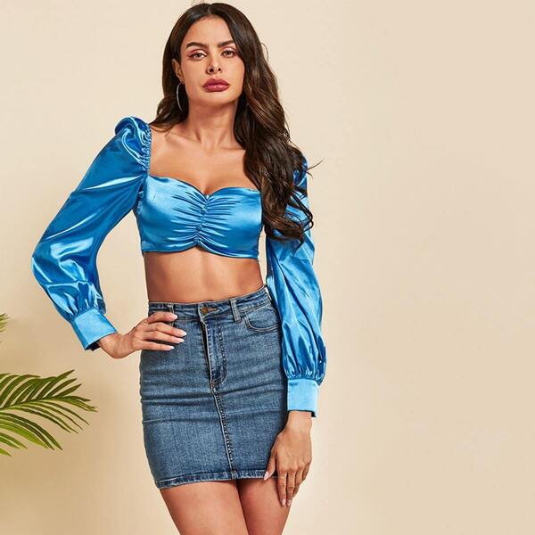 

Covered Button Zip Back Satin Crop Top