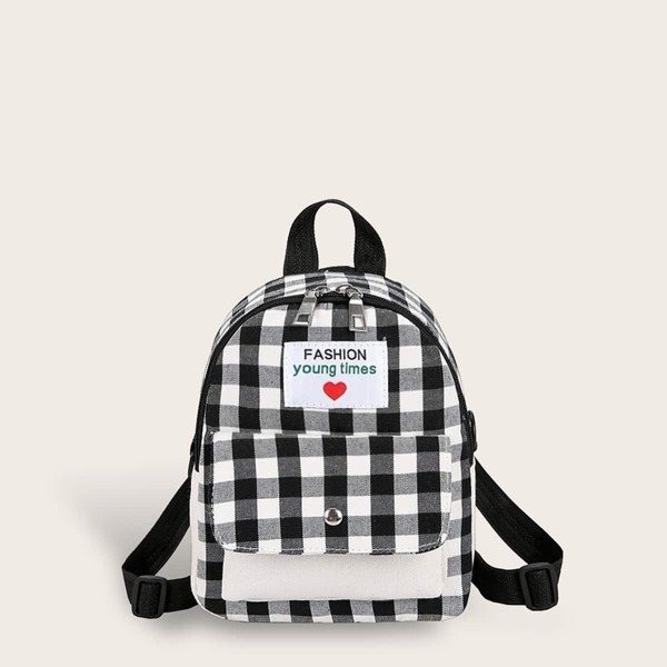 

Pocket Front Patch Decor Buffalo Plaid Backpack, Black and white