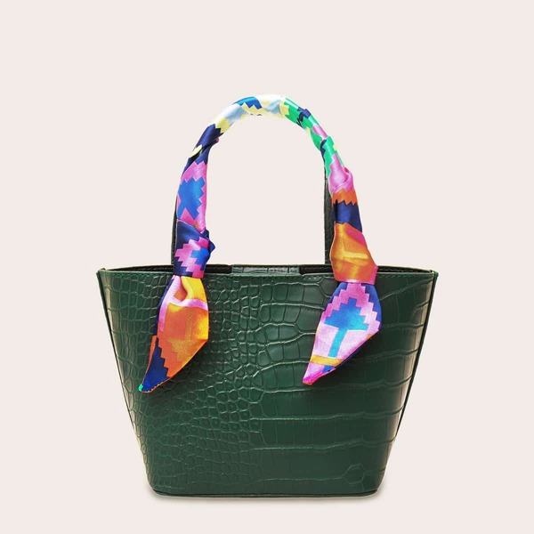 

Twilly Scarf Croc Embossed Tote Bag, Dark green