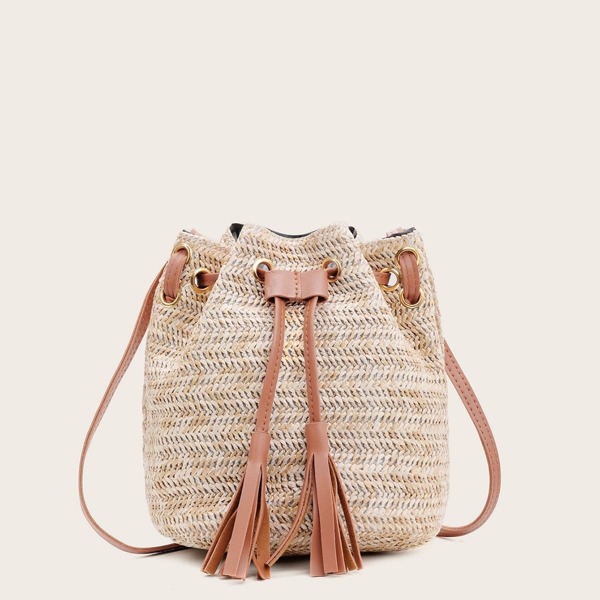 

Tassel Decor Woven Bucket Bag With Drawstring, Brown
