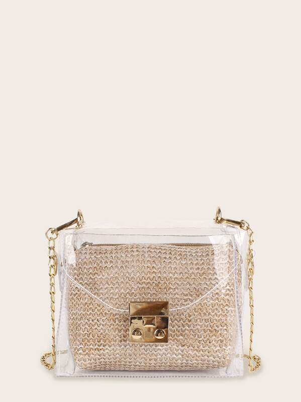 

Clear Chain Bag With Inner Woven Pouch, Khaki