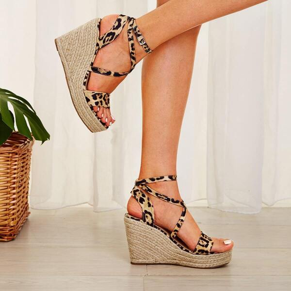 Leopard Print Ankle Strap Espadrille Wedges
