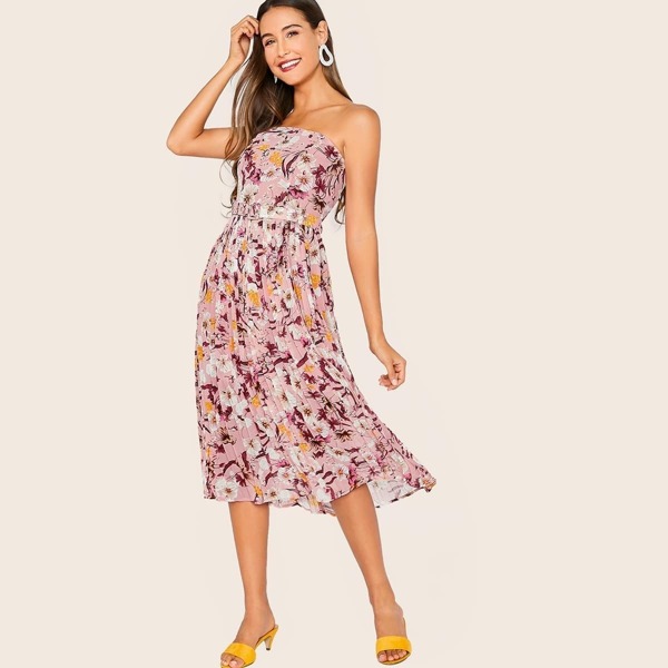 

Botanical Print Buckle Belted Pleated Tube Dress, Pink