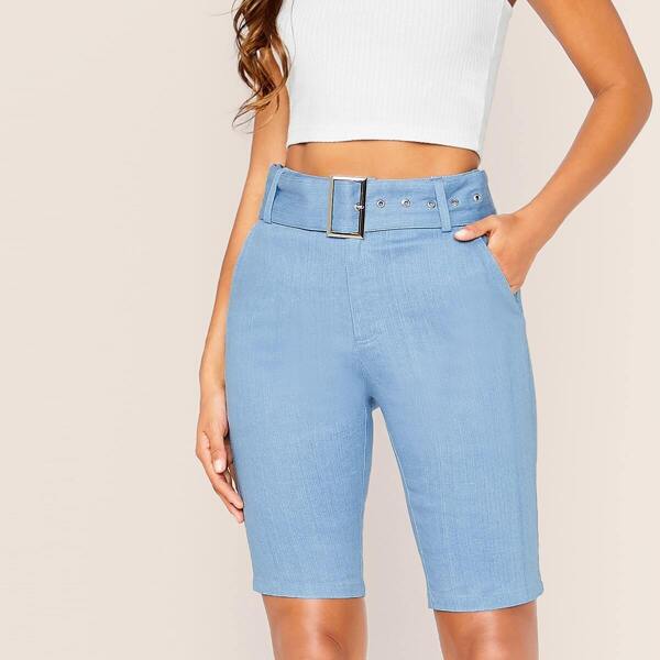 

Buckle Belted Slant Pocket Skinny Denim Shorts, Blue pastel