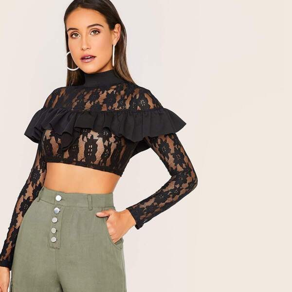 

Ruffle Trim Keyhole Back Crop Lace Top