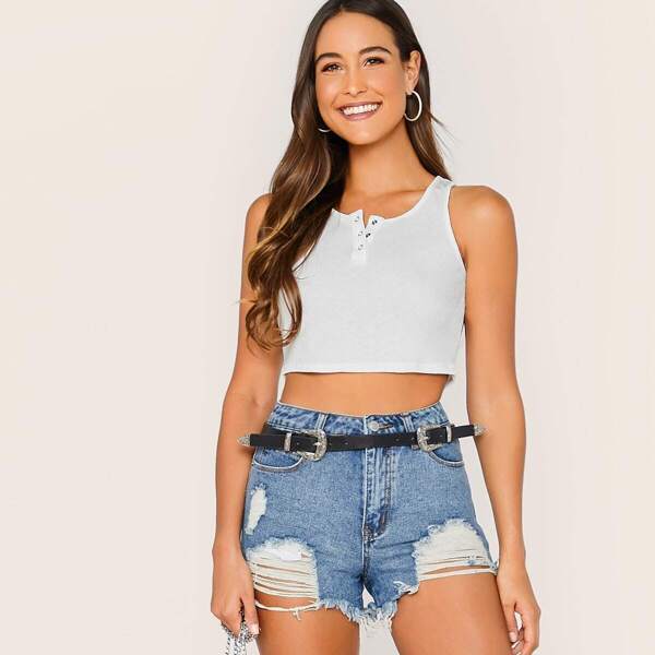 

Press Button Half Placket Crop Tank Top