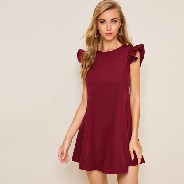 

Ruffle Cuff Solid Swing Hem Dress