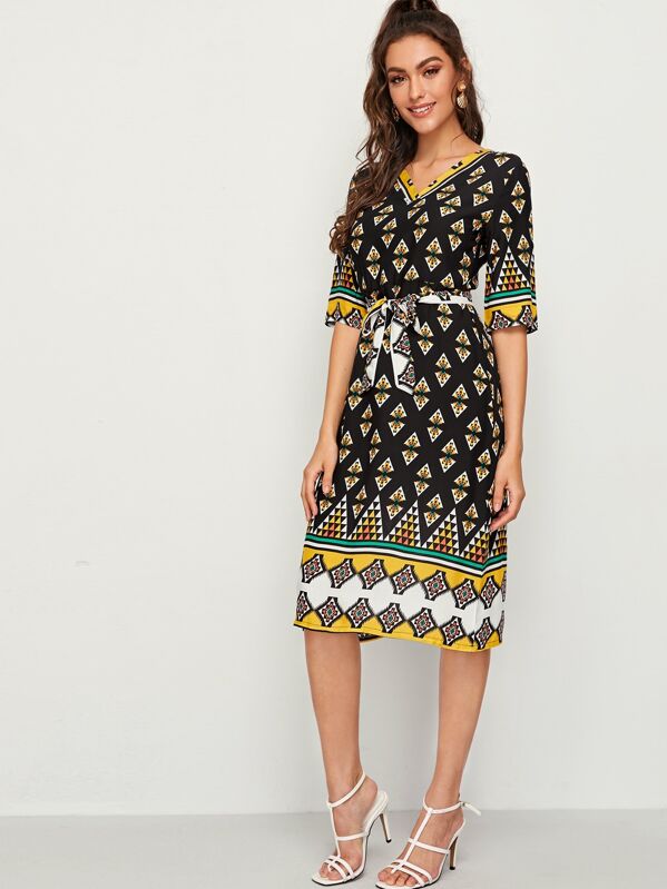 

Tribal Print Belted Midi Dress, Multicolor, Carol A