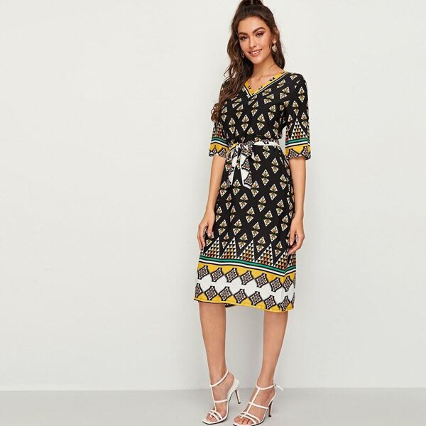 

Tribal Print Belted Midi Dress