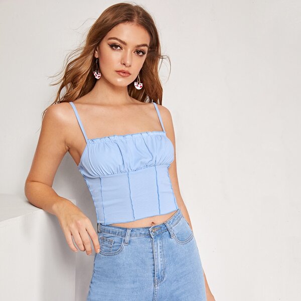 

Piping Lettuce-Edge Cropped Cami Top, Baby blue