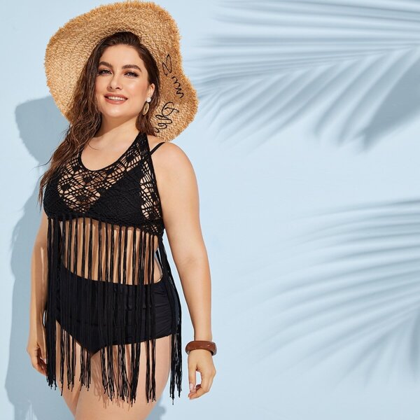 

Plus Crochet Fringe Hem Cover Up Without Bikini Set, Black