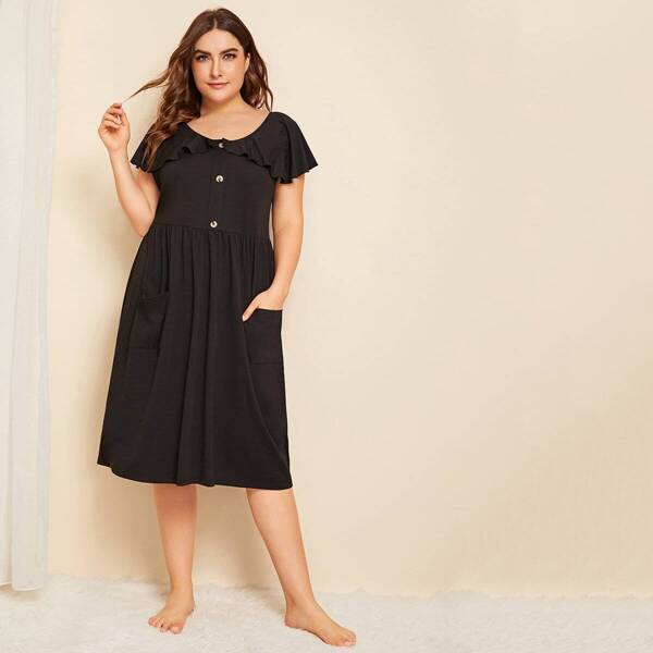 

Plus Ruffle Trim Night Dress, Black