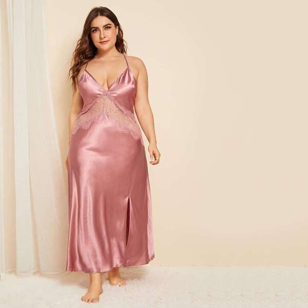 

Plus Contrast Lace Split Satin Night Dress
